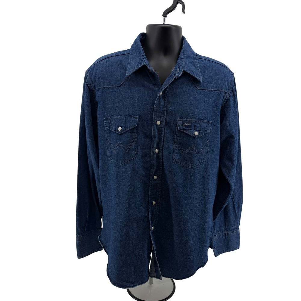 Vintage 90s Wrangler Shirt 17x35 Blue 70127MW Western Denim Pearl Snap USA